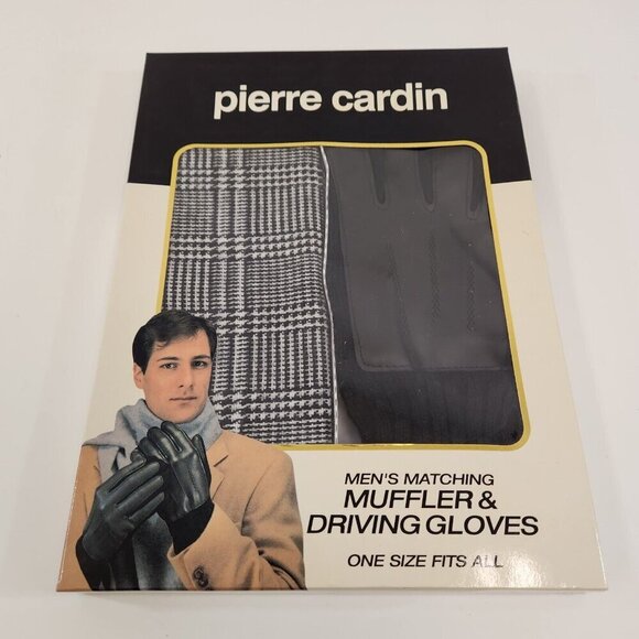 Pierre Cardin Men's Muffler/Scarf Driving Gloves Set Black & White Plaid NOS Vtg - Picture 6 of 6